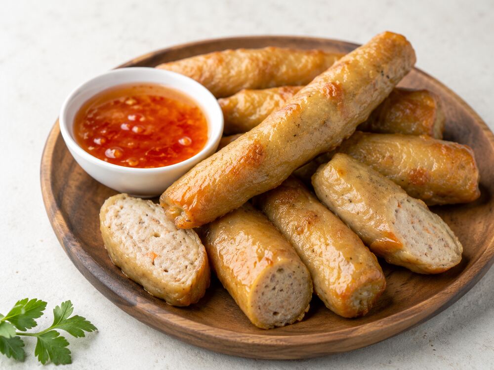 Cooked kikiam served with dipping sauce